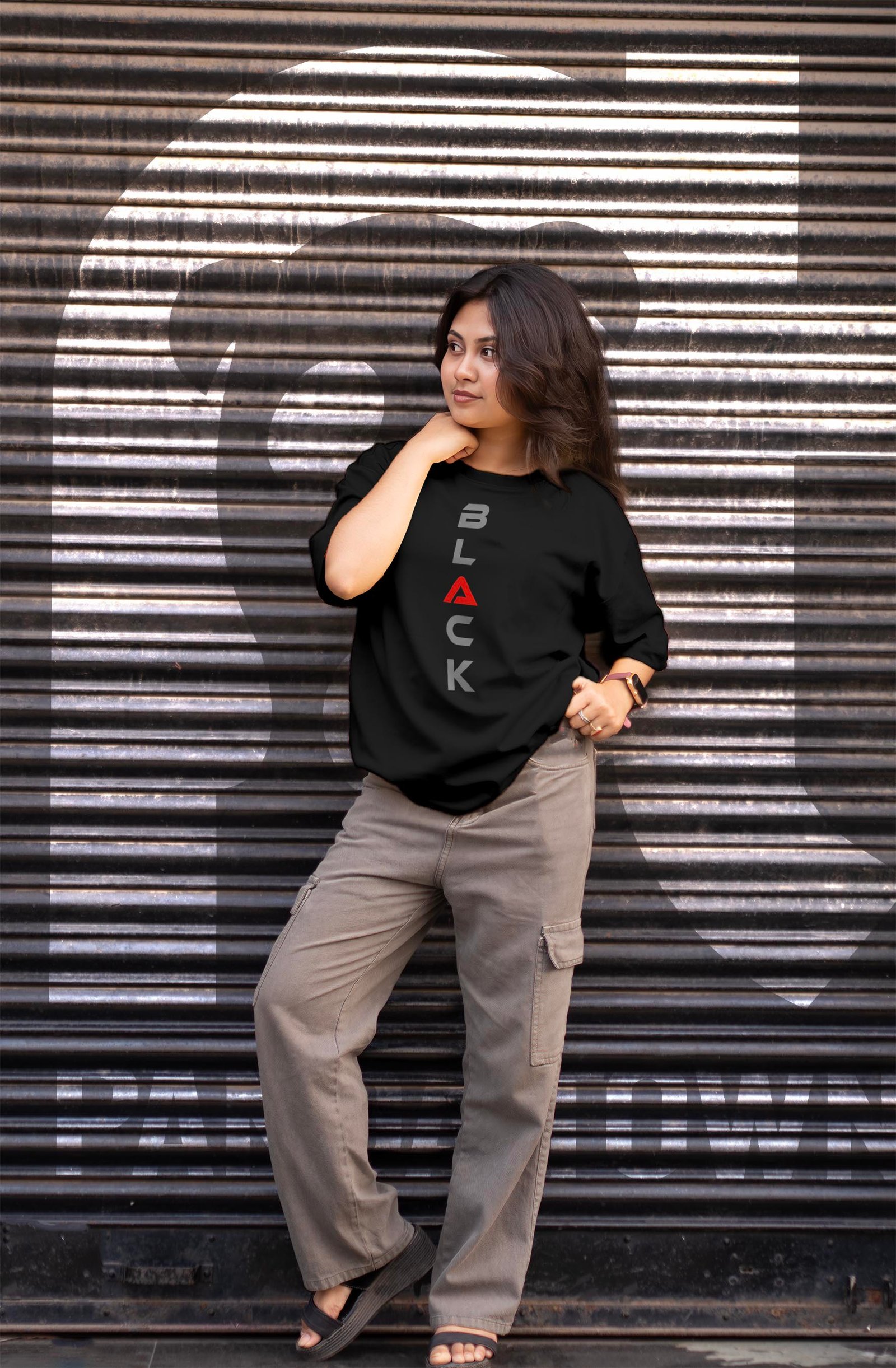 BLACK Grey Reflector Printed Drop Shoulder T-Shirt