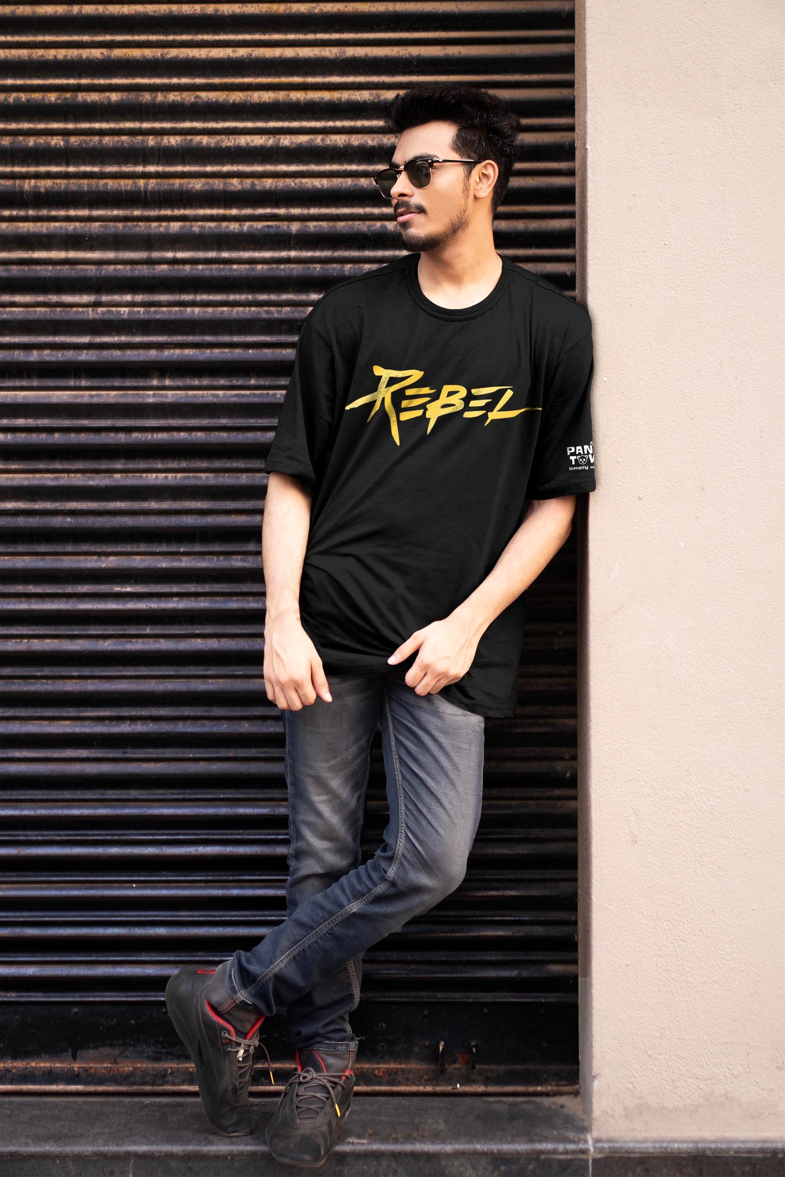 Rebel Metallic Gold Printed Drop Shoulder T-Shirt