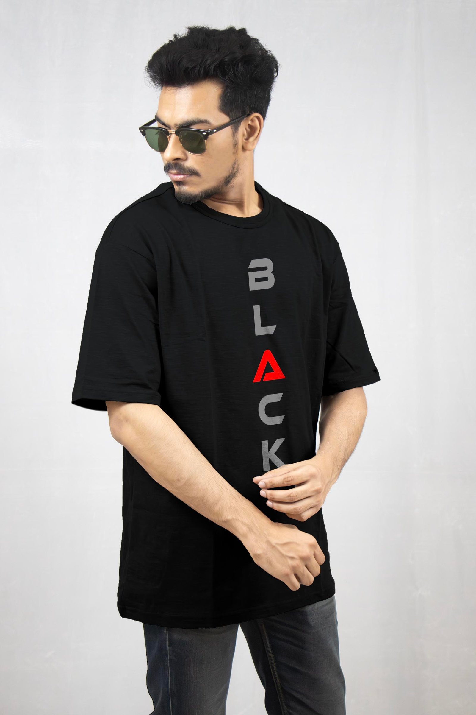 BLACK Grey Reflector Printed Drop Shoulder T-Shirt