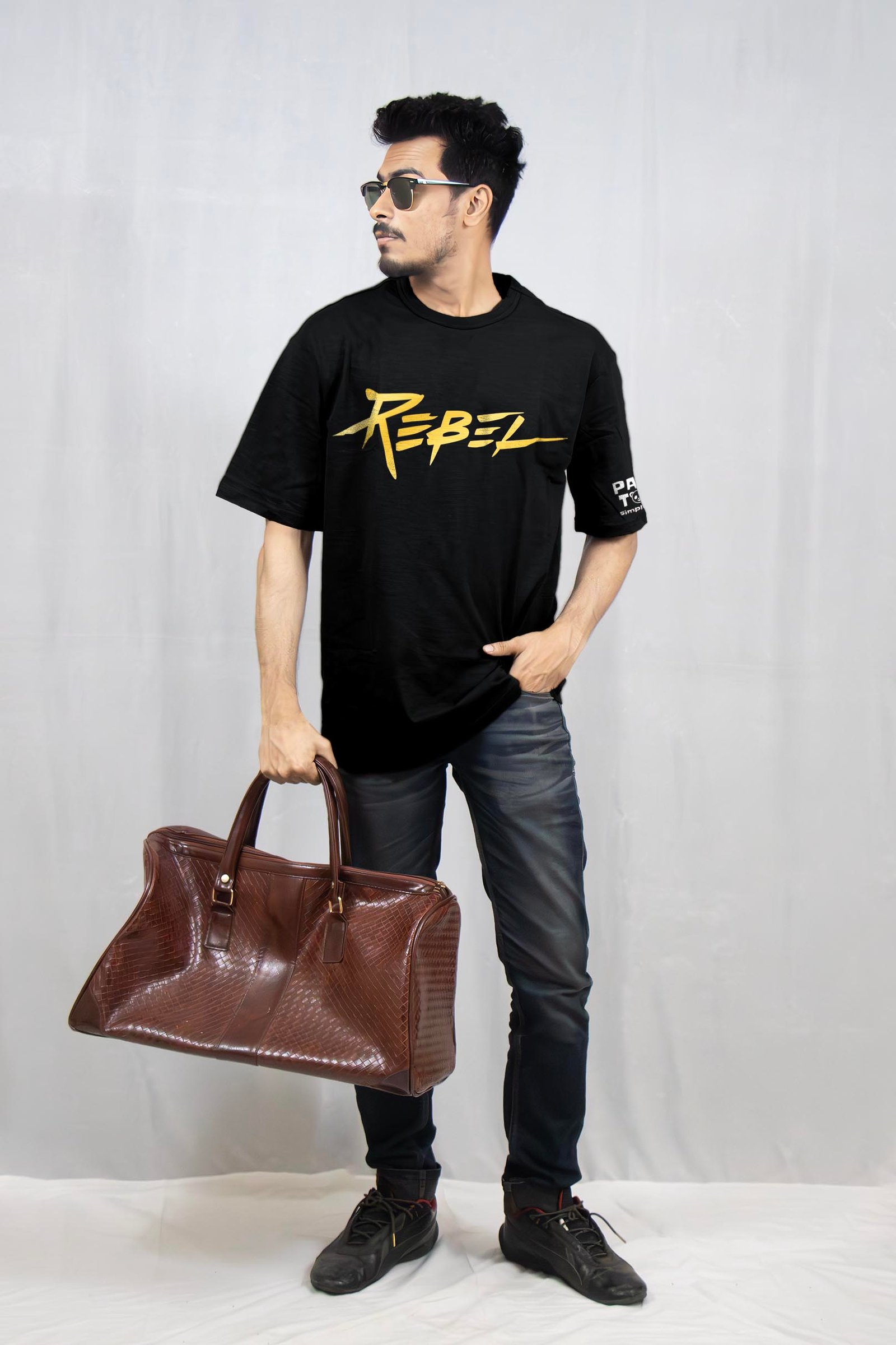 Rebel Metallic Gold Printed Drop Shoulder T-Shirt