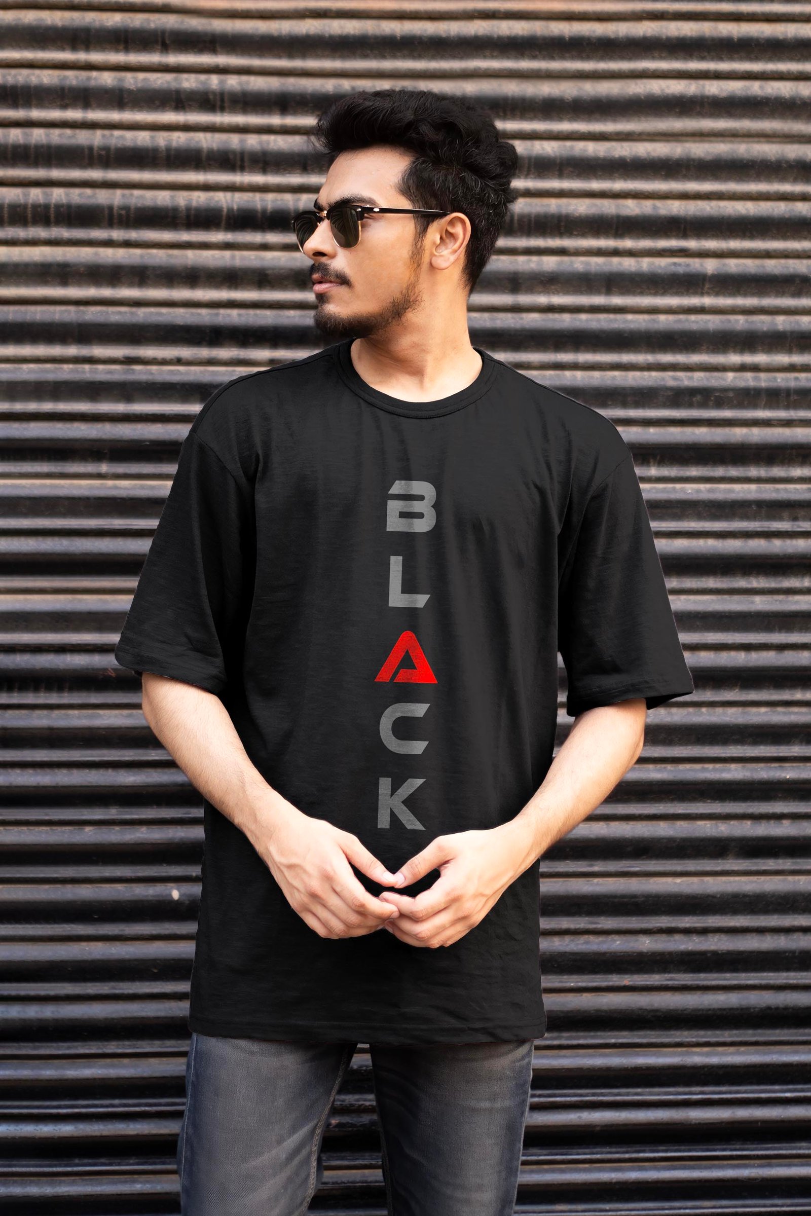 BLACK Grey Reflector Printed Drop Shoulder T-Shirt
